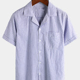 Blue Striped Cuban Collar Short-Sleeve Beach Shirt