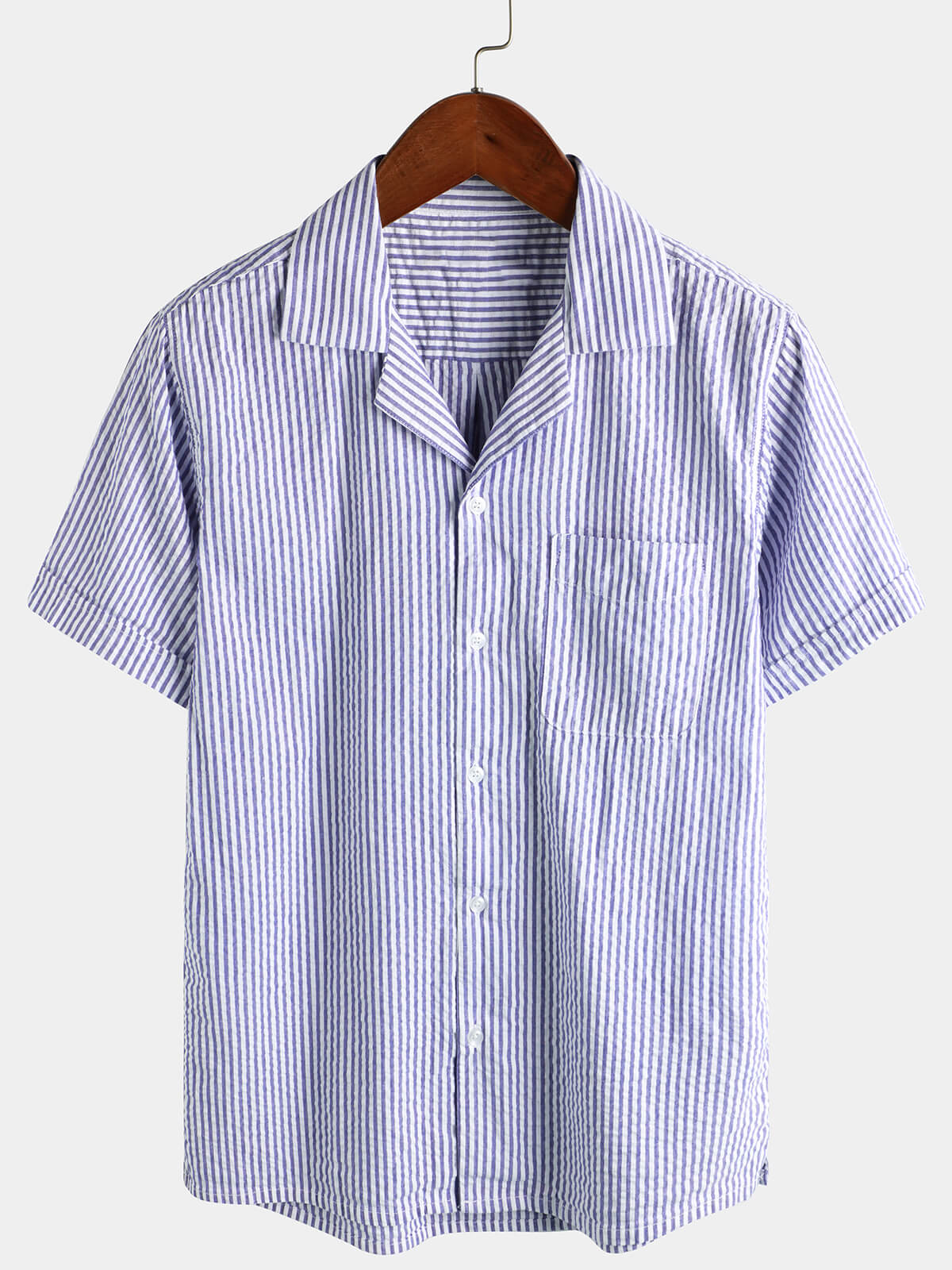 Blue Striped Cuban Collar Short-Sleeve Beach Shirt