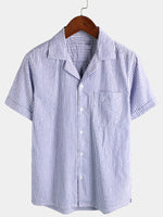 Blue Striped Cuban Collar Short-Sleeve Beach Shirt