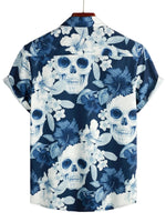 Short Sleeve Cotton Shirt with Skull and Rose Pattern for Men