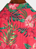 Men's Hawaiian-Style Cotton Short-Sleeve Shirt with Red Flowers