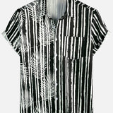 Black Hawaiian Short Sleeve Shirt with Pocket and Tropical Plant Print