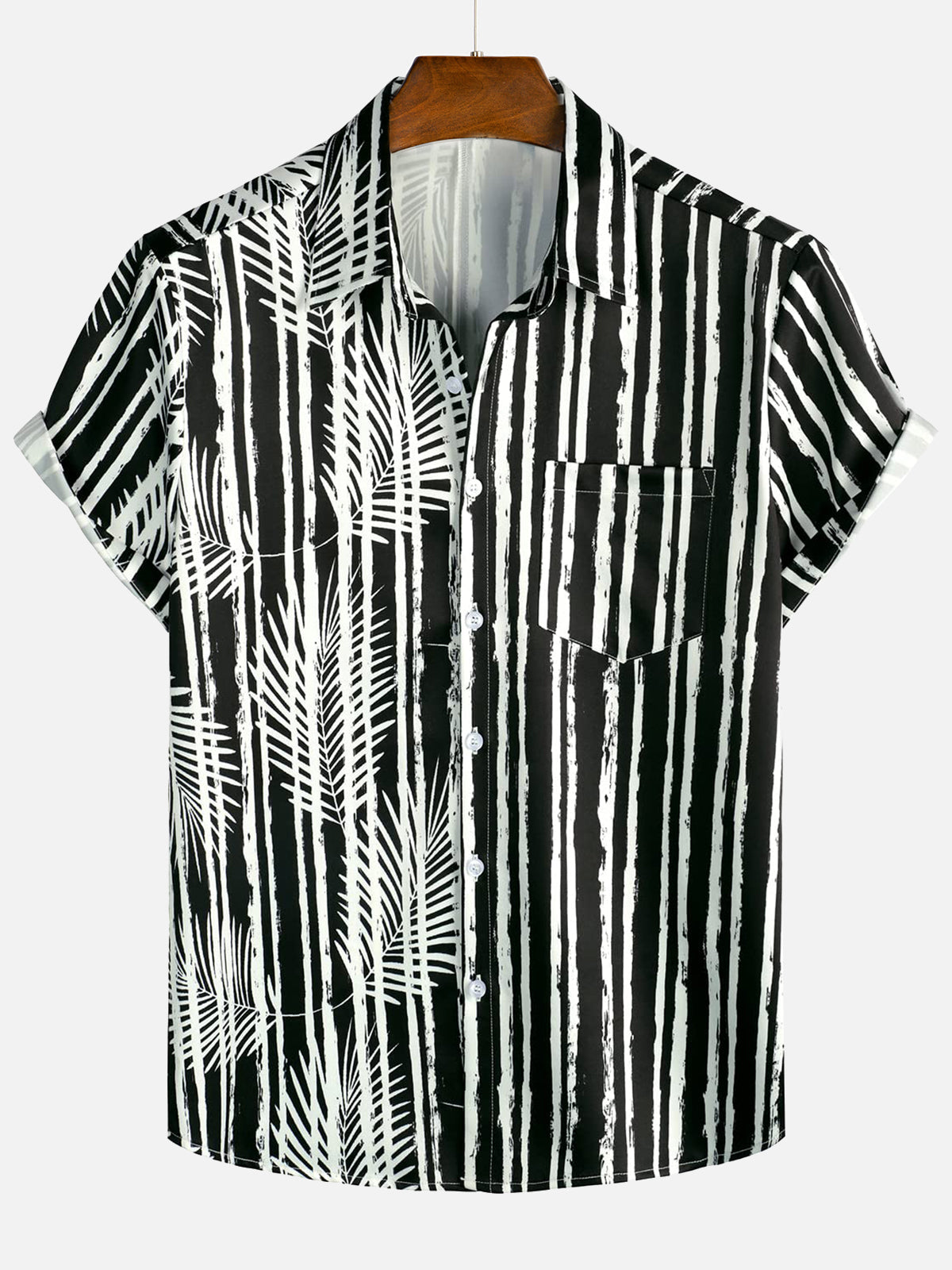Black Hawaiian Short Sleeve Shirt with Pocket and Tropical Plant Print