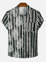 Black Hawaiian Short Sleeve Shirt with Pocket and Tropical Plant Print