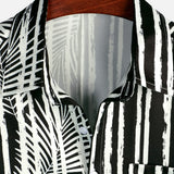 Black Hawaiian Short Sleeve Shirt with Pocket and Tropical Plant Print