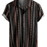 Men's 1970s Western-Style Cotton Short-Sleeve Shirt with Black Stripe