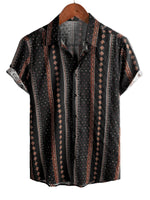 Men's 1970s Western-Style Cotton Short-Sleeve Shirt with Black Stripe