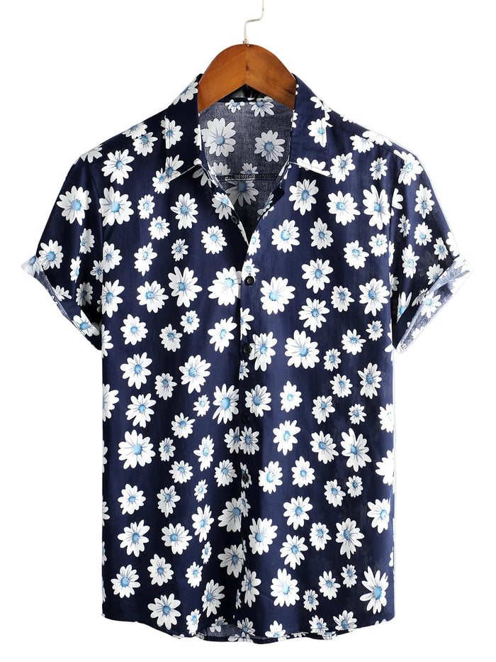 Men's Hawaiian-Style Cotton Short-Sleeve Shirt in Navy with Daisies
