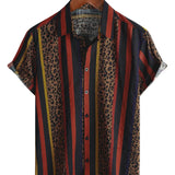 Men's Shirt with Lion Patch Pattern in Vertical Stripes with Short Sleeve for Summer Vacation