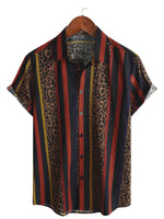 Men's Shirt with Lion Patch Pattern in Vertical Stripes with Short Sleeve for Summer Vacation