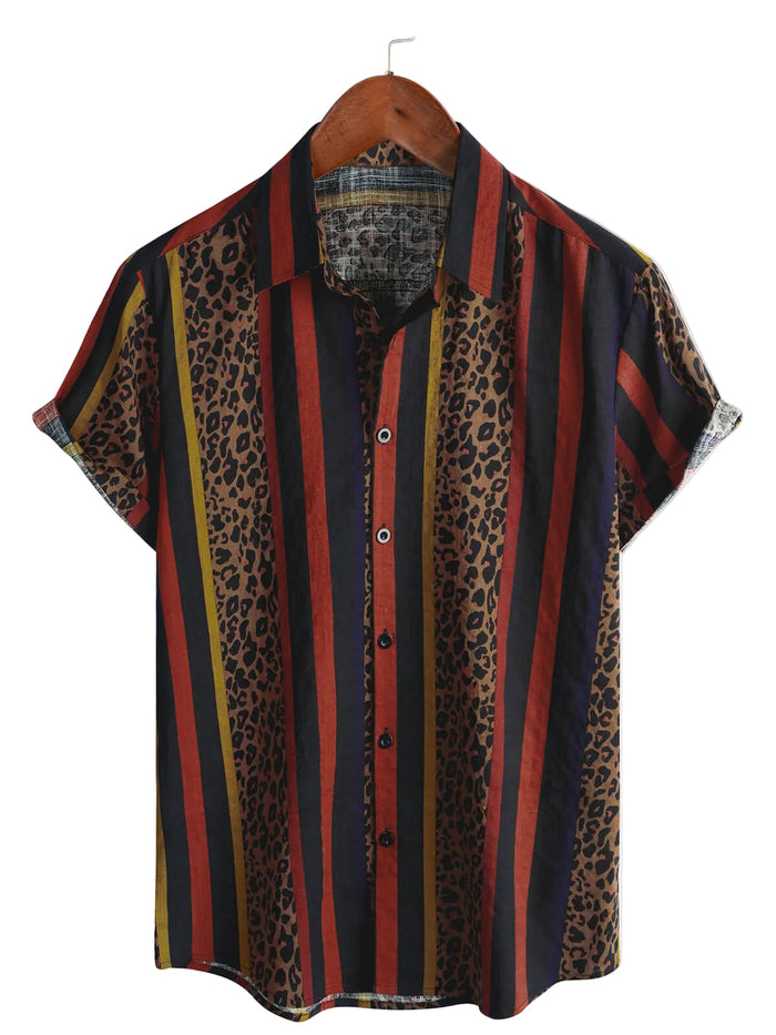 Men's Shirt with Lion Patch Pattern in Vertical Stripes with Short Sleeve for Summer Vacation