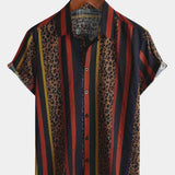Button-Up Short Sleeve Shirt with Vintage Leopard Vertical Stripes