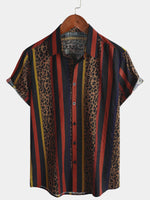 Button-Up Short Sleeve Shirt with Vintage Leopard Vertical Stripes