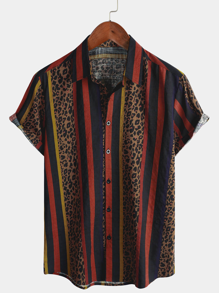 Button-Up Short Sleeve Shirt with Vintage Leopard Vertical Stripes