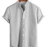 Men's Cotton Shirt with High Collar in Solid Color and Short Sleeve in Classic Vertical Stripes