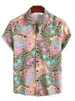 Short Sleeve Cotton Shirt with Skull and Rose Pattern for Men