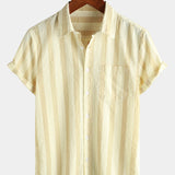 Button-Up Short Sleeve Striped Shirt with Pocket, Casual Hawaiian Vacation