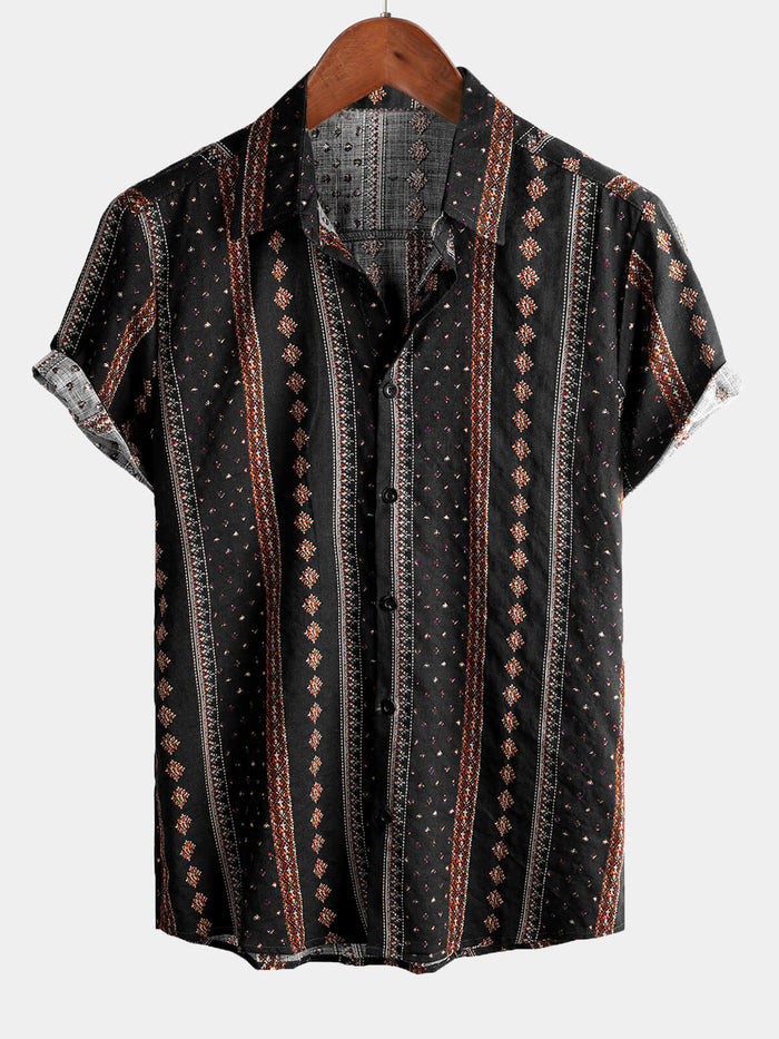 Vintage 70s Western Black Striped Retro Short Sleeve Shirt
