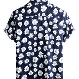 Men's Hawaiian-Style Cotton Short-Sleeve Shirt in Navy with Daisies