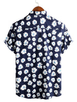 Men's Hawaiian-Style Cotton Short-Sleeve Shirt in Navy with Daisies