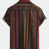 Button-Up Short Sleeve Shirt with Vintage Leopard Vertical Stripes