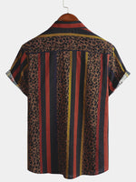 Button-Up Short Sleeve Shirt with Vintage Leopard Vertical Stripes