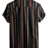 Men's 1970s Western-Style Cotton Short-Sleeve Shirt with Black Stripe