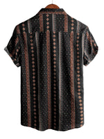 Men's 1970s Western-Style Cotton Short-Sleeve Shirt with Black Stripe