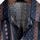 Men's 1970s Retro Vintage Cotton Short-Sleeve Shirt with Buttons, Stripes, Navy