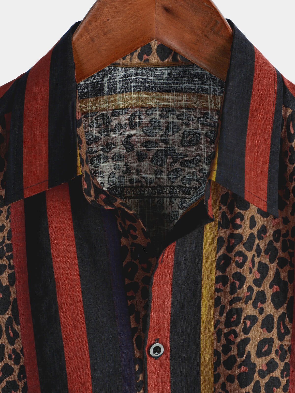 Button-Up Short Sleeve Shirt with Vintage Leopard Vertical Stripes