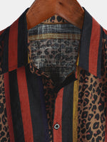 Button-Up Short Sleeve Shirt with Vintage Leopard Vertical Stripes