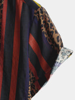 Button-Up Short Sleeve Shirt with Vintage Leopard Vertical Stripes