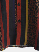 Button-Up Short Sleeve Shirt with Vintage Leopard Vertical Stripes