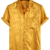 Men's Short Cotton Shirt with Flowers and Buttons, Summer Jacquard