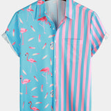 Striped Short-Sleeve Summer Shirt with Pockets and Pink Flamingo Pattern