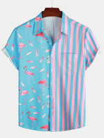 Striped Short-Sleeve Summer Shirt with Pockets and Pink Flamingo Pattern