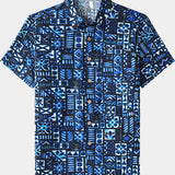 Blue and Black Geometric Beach Shirt