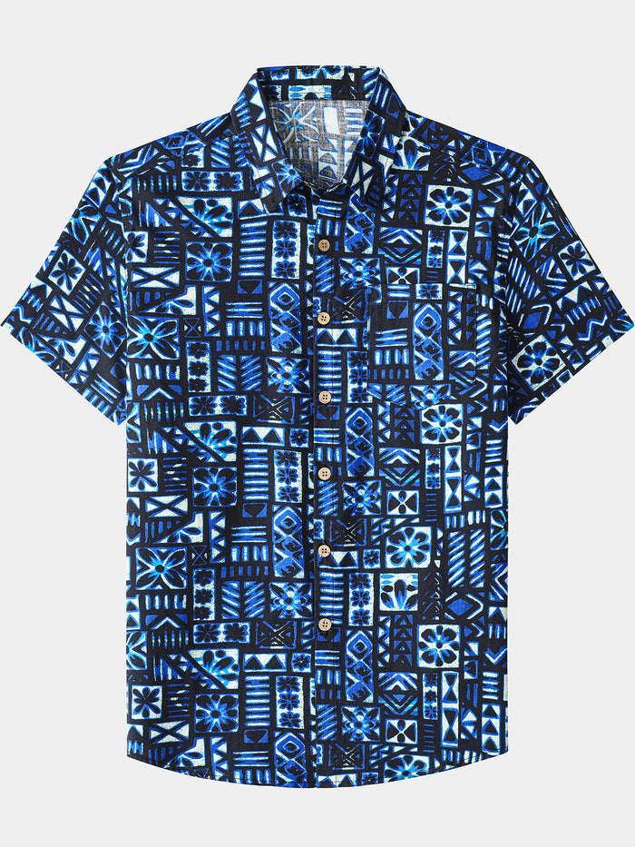 Blue and Black Geometric Beach Shirt