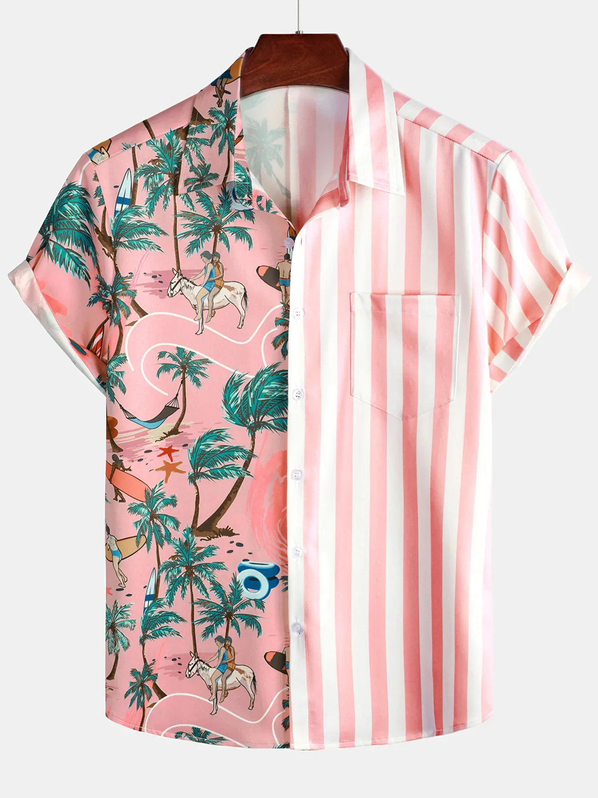 Aloha Hawaiian Short Sleeve Shirt with Pink and White Palm Print