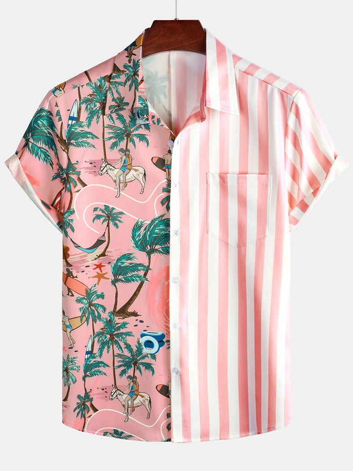 Aloha Hawaiian Short Sleeve Shirt with Pink and White Palm Print