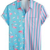 Short Sleeve Cotton Shirt with Flamingo and Stripe Pattern for Men
