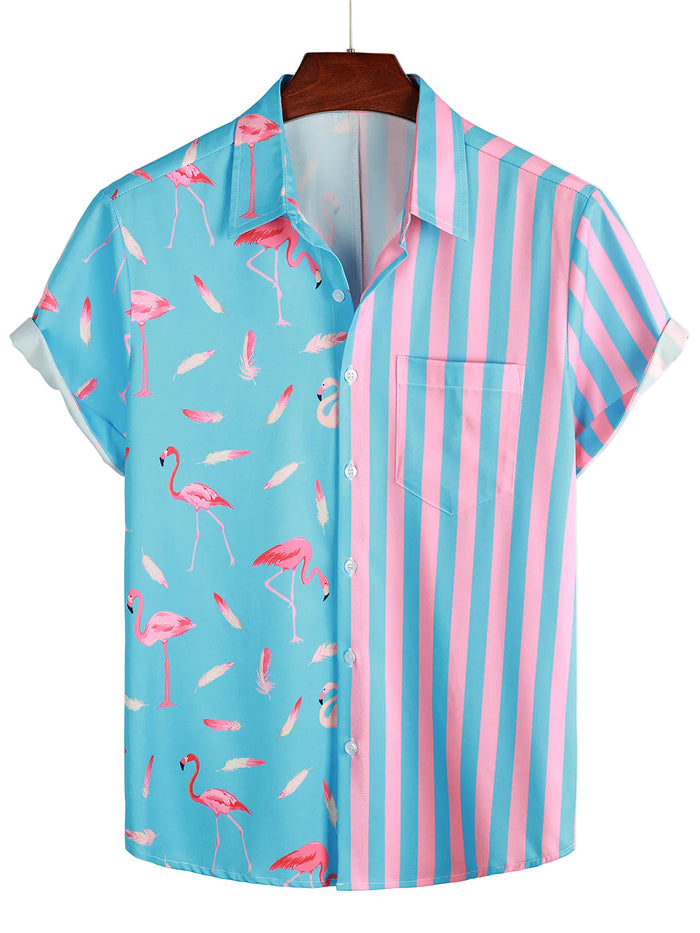 Short Sleeve Cotton Shirt with Flamingo and Stripe Pattern for Men