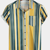 Casual Button-Up Retro Shirt, Short Sleeves, Yellow and Green, Vertical Stripe Pocket