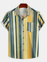 Casual Button-Up Retro Shirt, Short Sleeves, Yellow and Green, Vertical Stripe Pocket