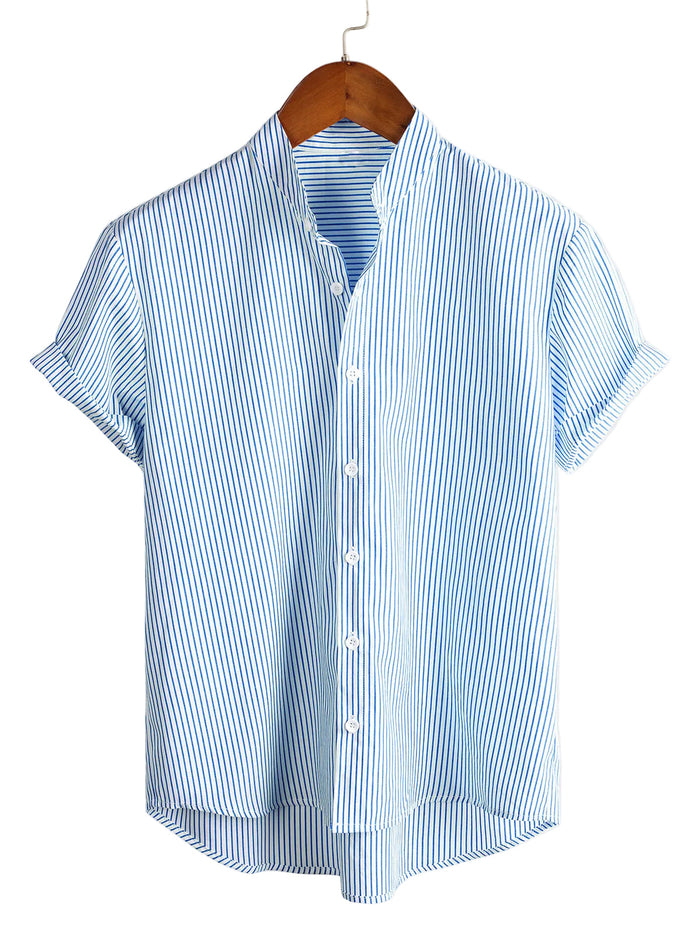 Men's Cotton Shirt with High Collar in Solid Color and Short Sleeve in Classic Vertical Stripes