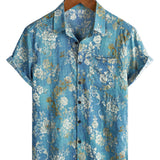 Men's Cotton Short-Sleeve Shirt with Blue Floral Pattern