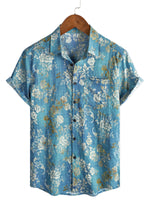 Men's Cotton Short-Sleeve Shirt with Blue Floral Pattern