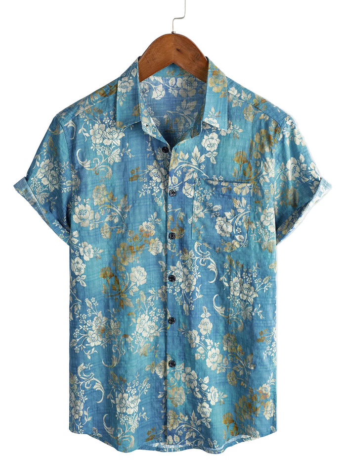 Men's Cotton Short-Sleeve Shirt with Blue Floral Pattern