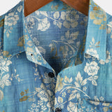 Men's Cotton Short-Sleeve Shirt with Blue Floral Pattern
