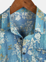 Men's Cotton Short-Sleeve Shirt with Blue Floral Pattern